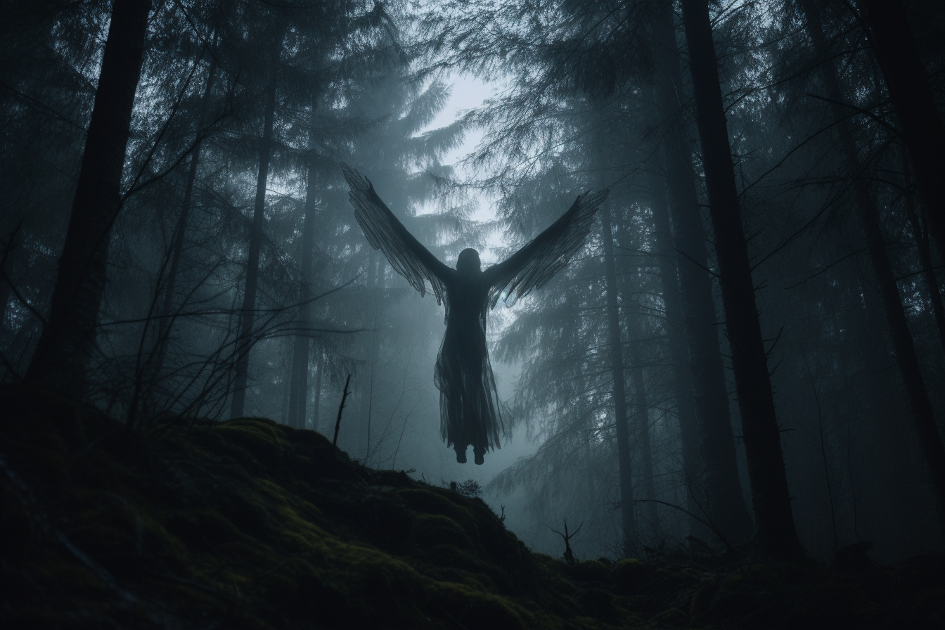 Cinematic angel in dark forest