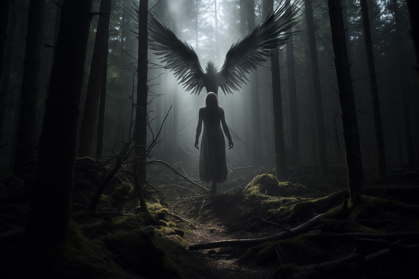 Illuminating angel walking through dark forest