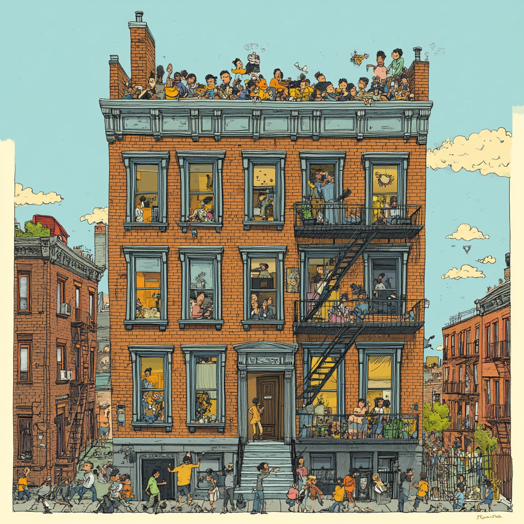 illustration of brownstone with diverse people filling it chaos