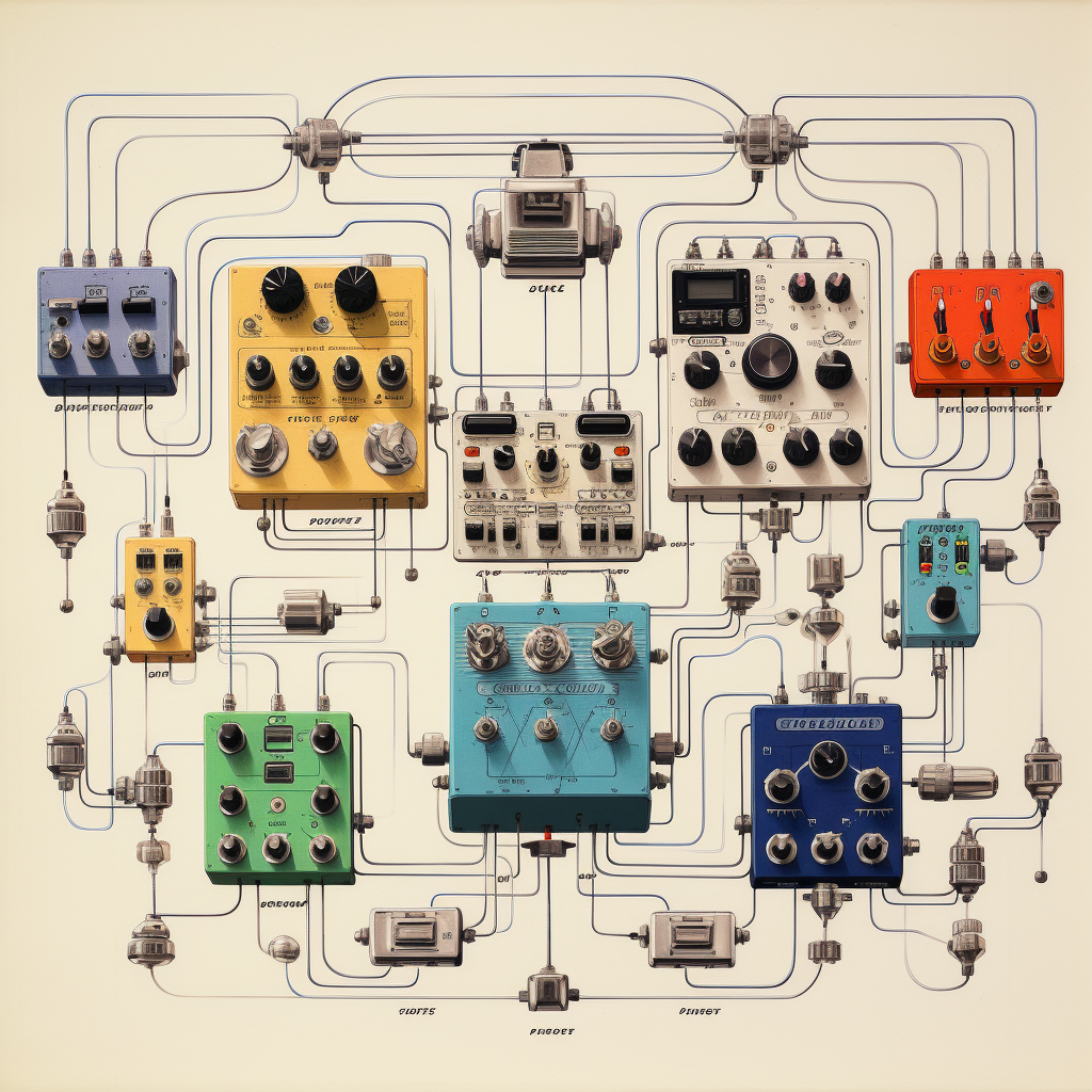 Detailed technical drawing of imaginary guitar pedals