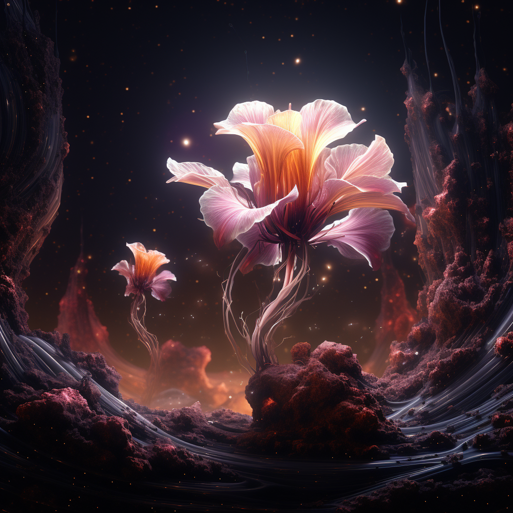 Colorful imaginary flower with exoplanet fauna