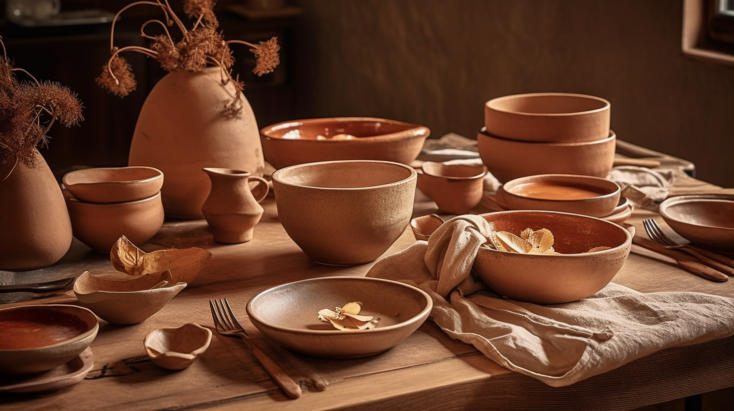 Editorial-style interior decor image with ceramic bowls and plates, linen napkins, and wooden bowls