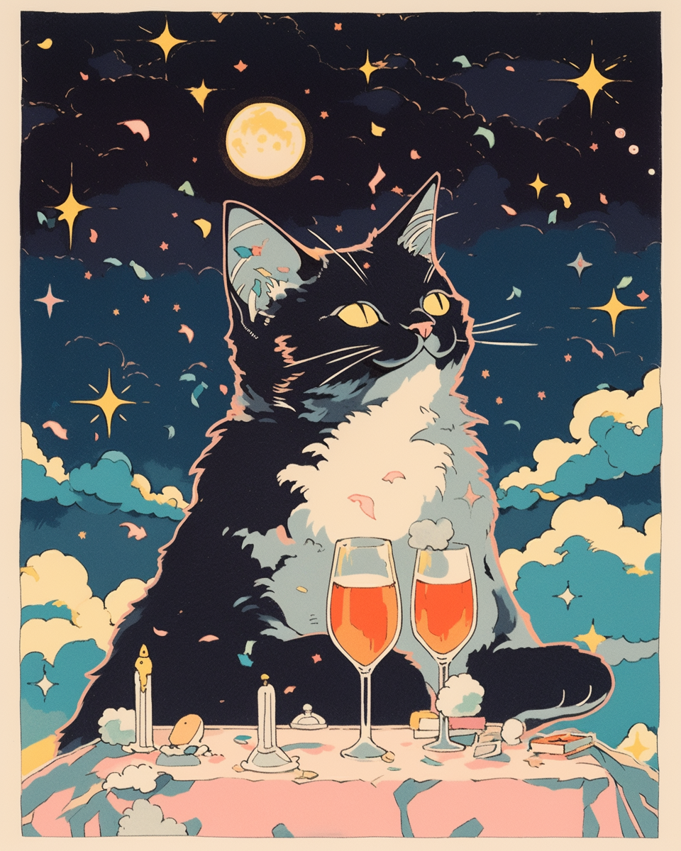 Cat holding wine on disintegrating platform