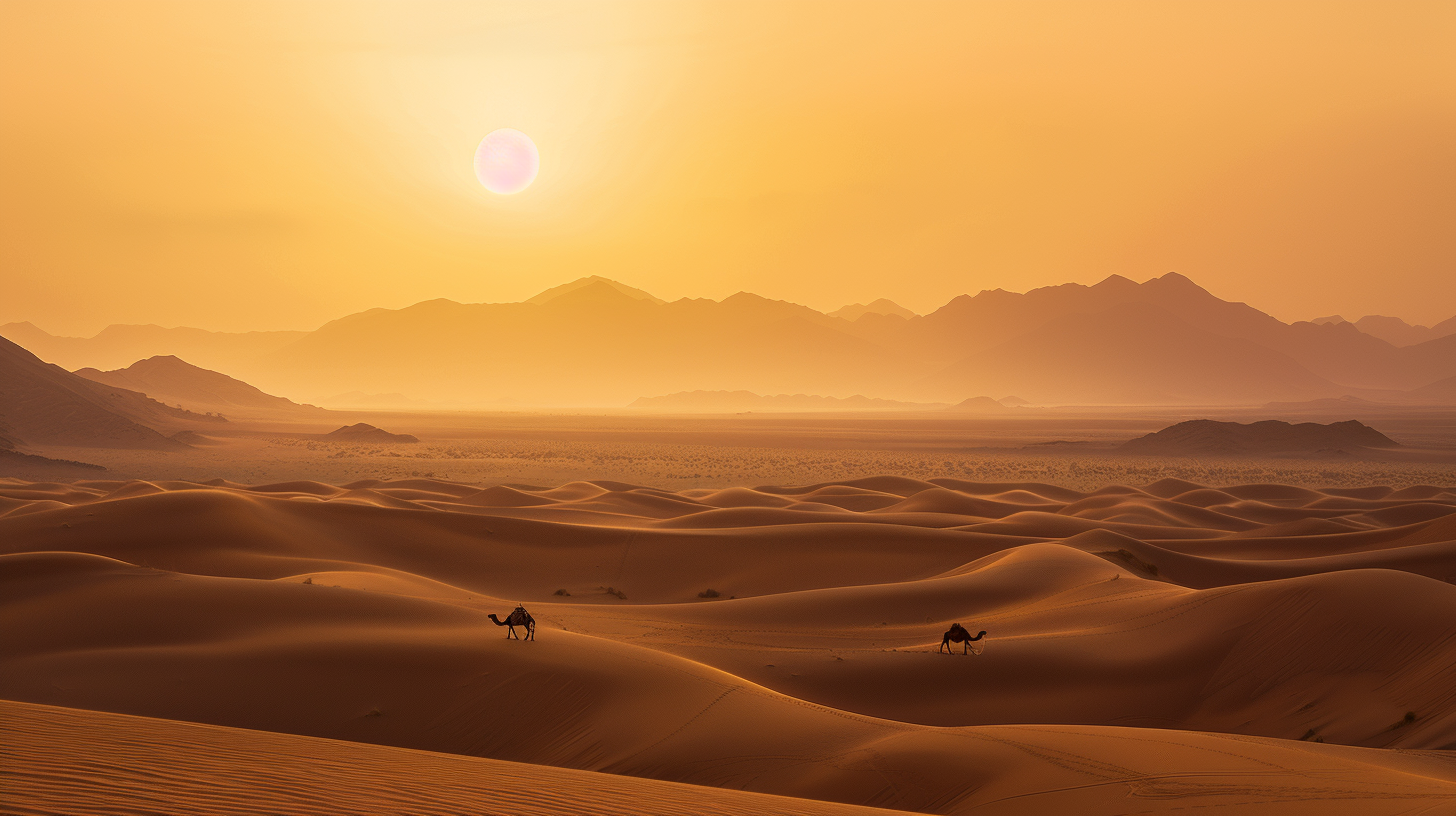 Camel caravan in desert landscape