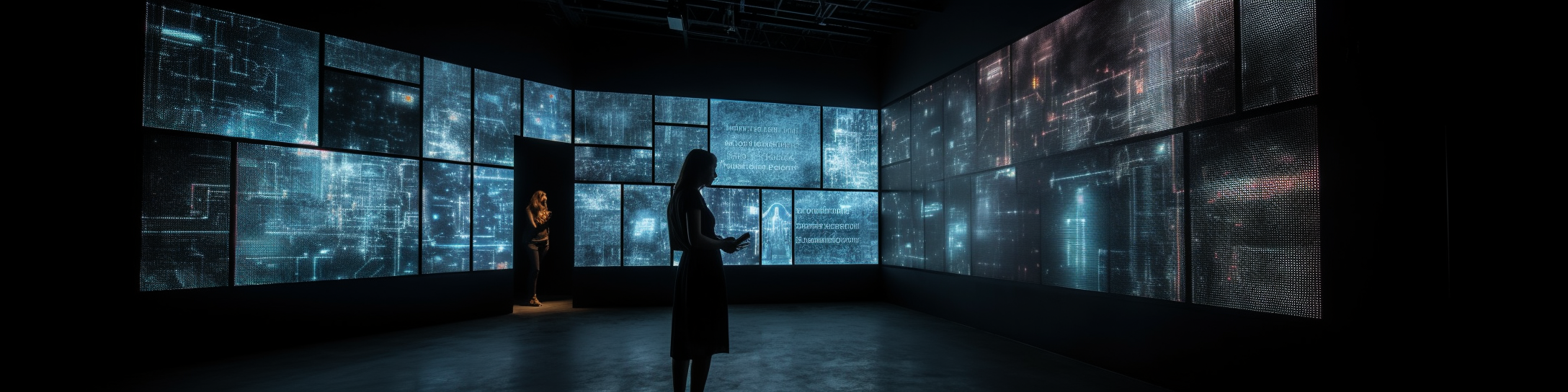 Immersive exhibition with dark room and borderless screens