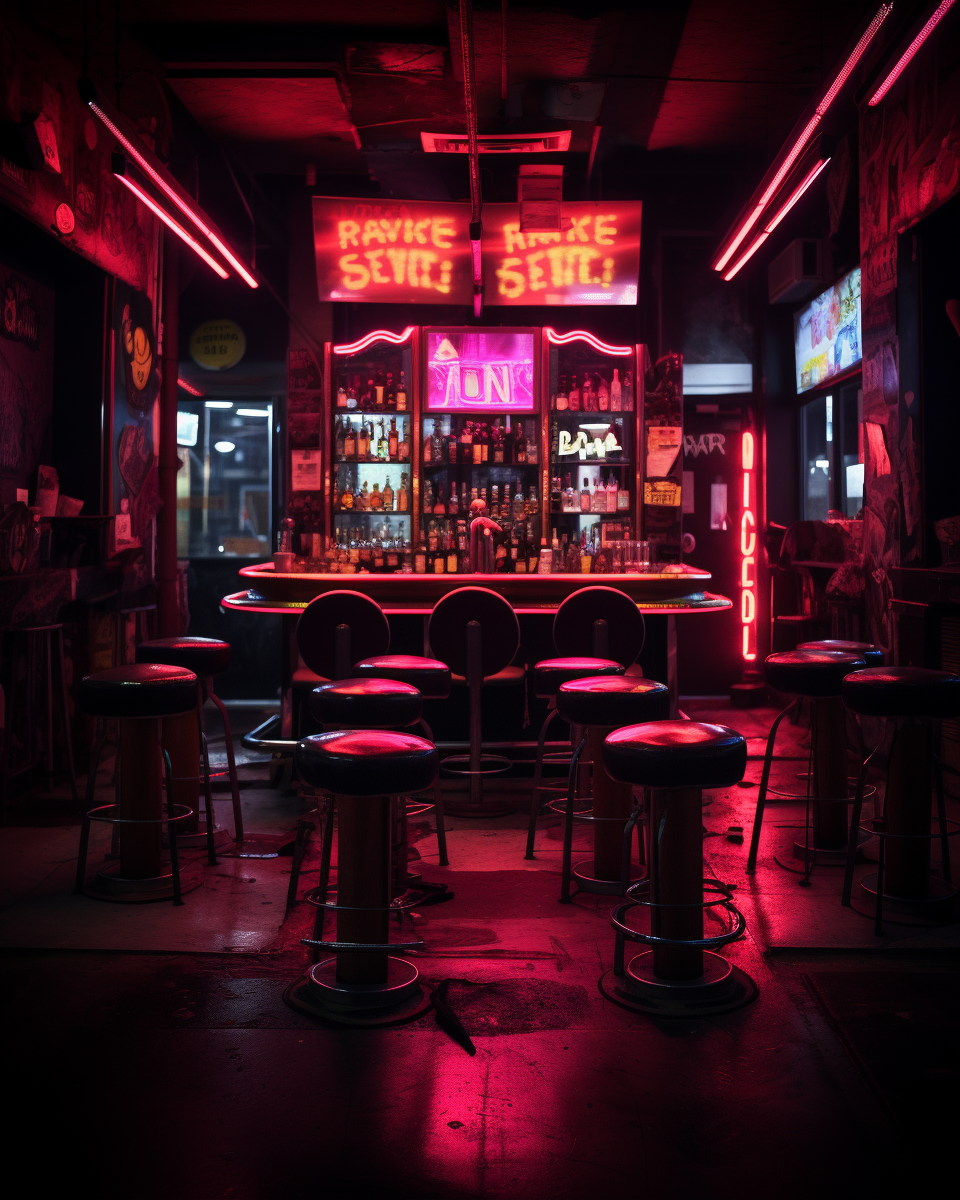 Neon-lit bar scene with moody ambiance