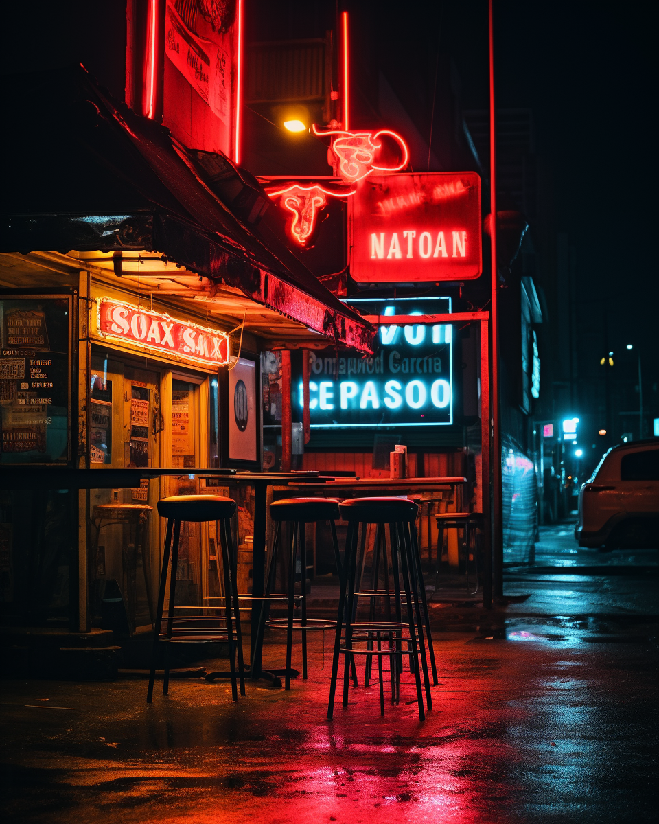 Neon-lit bar in immersive and moody atmosphere