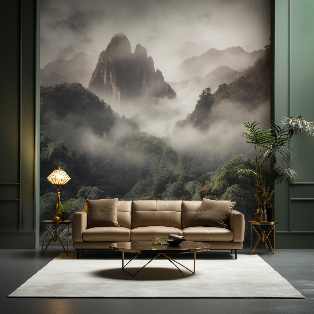 Luxury living room with immersive landscape wallpaper