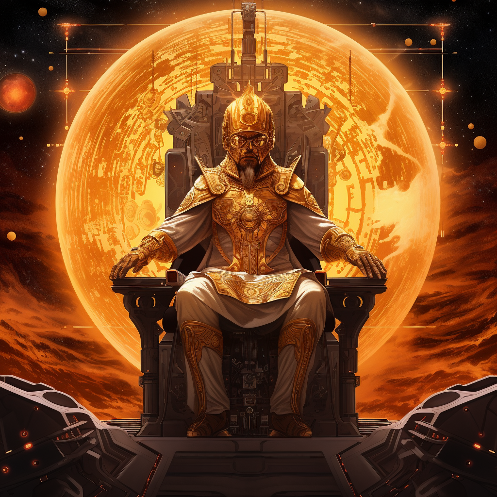 Powerful Sun Emperor on High-Tech Throne