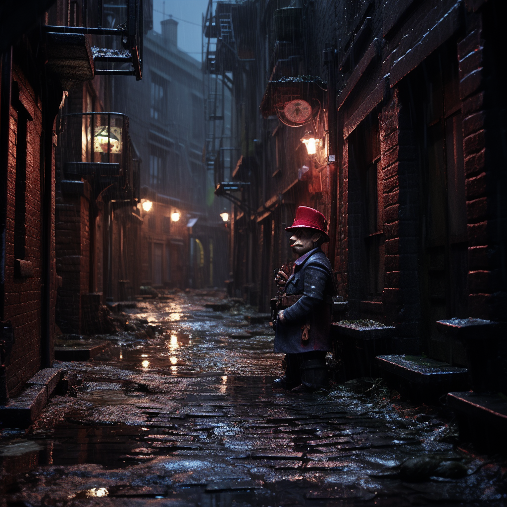 Imp in beret in rainy back alley