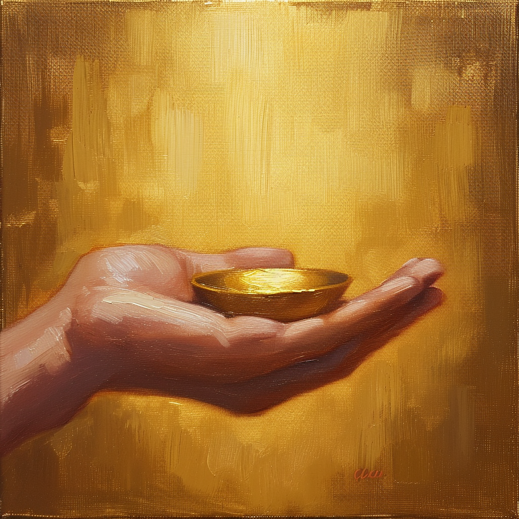 Impasto painting with golden lighting on hand veins