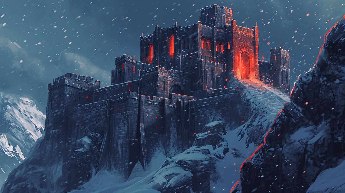 Illustration of an imposing snowy fortress at night