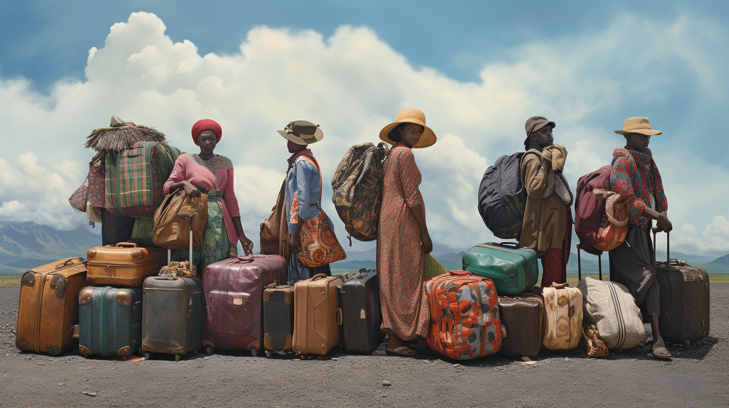 Impoverished African travelers with luggage