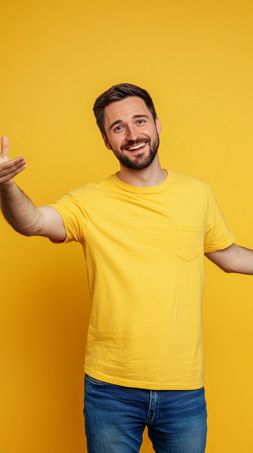 Caucasian man impressed wow expression blue jeans yellow shirt