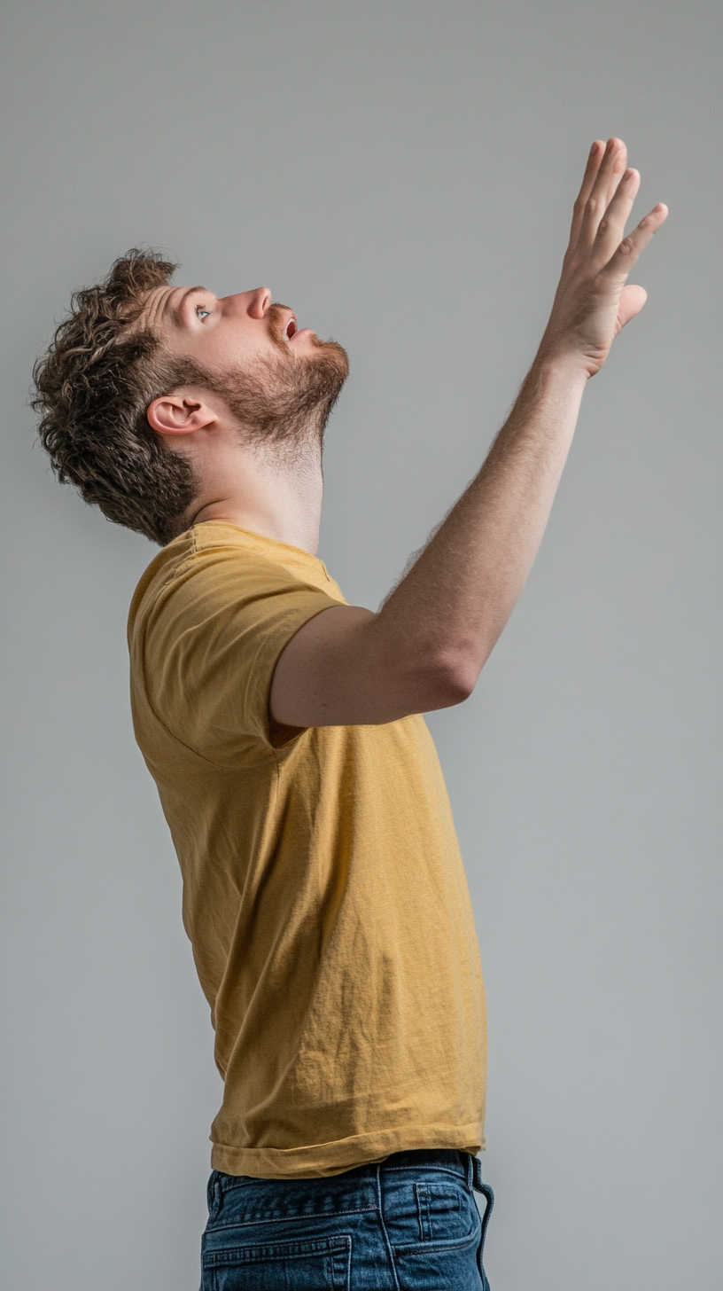 Impressed man reaching out for chair