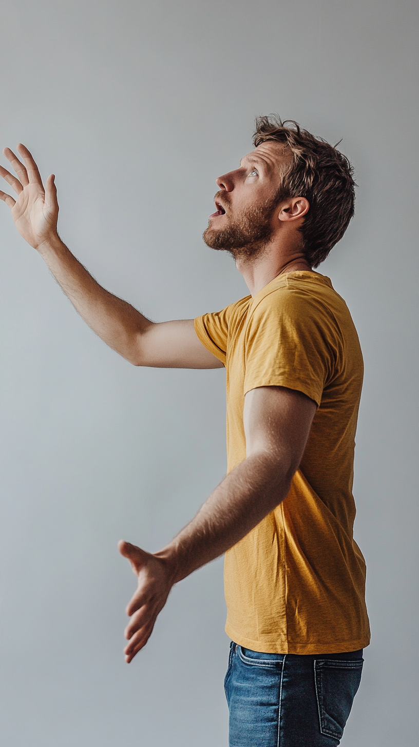 impressed man reaching out camera