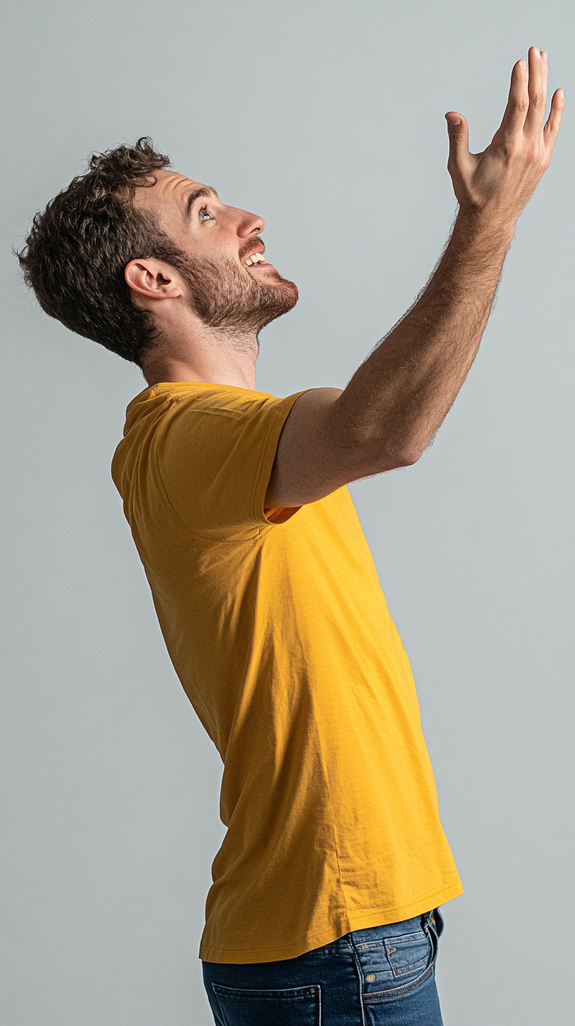 happy man reaching out expression