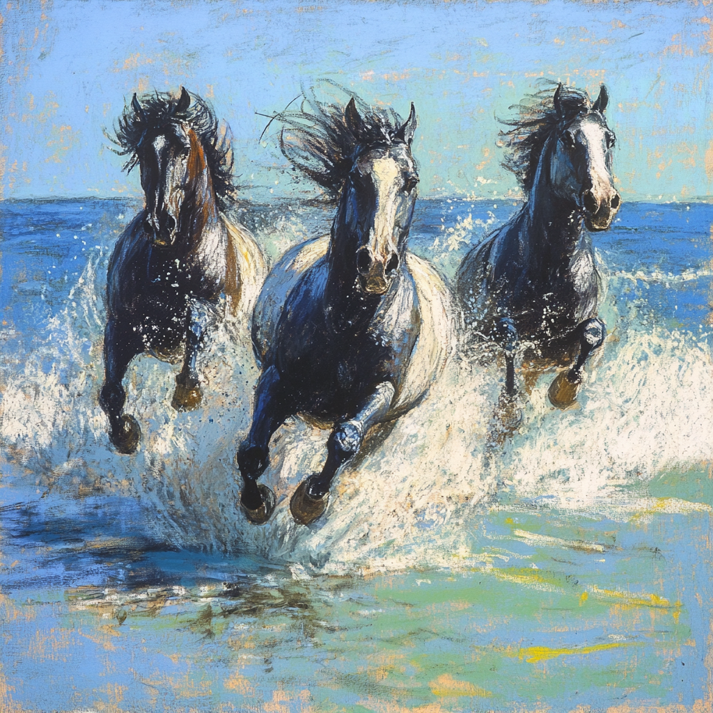 Horse race on beach water