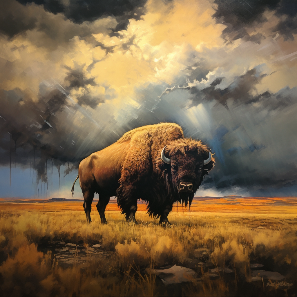 American Buffalo on Open Plains with Thunderstorm