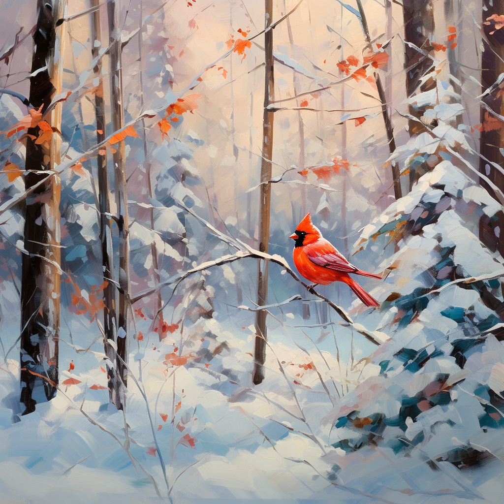 Cardinals in snowy impressionist forest