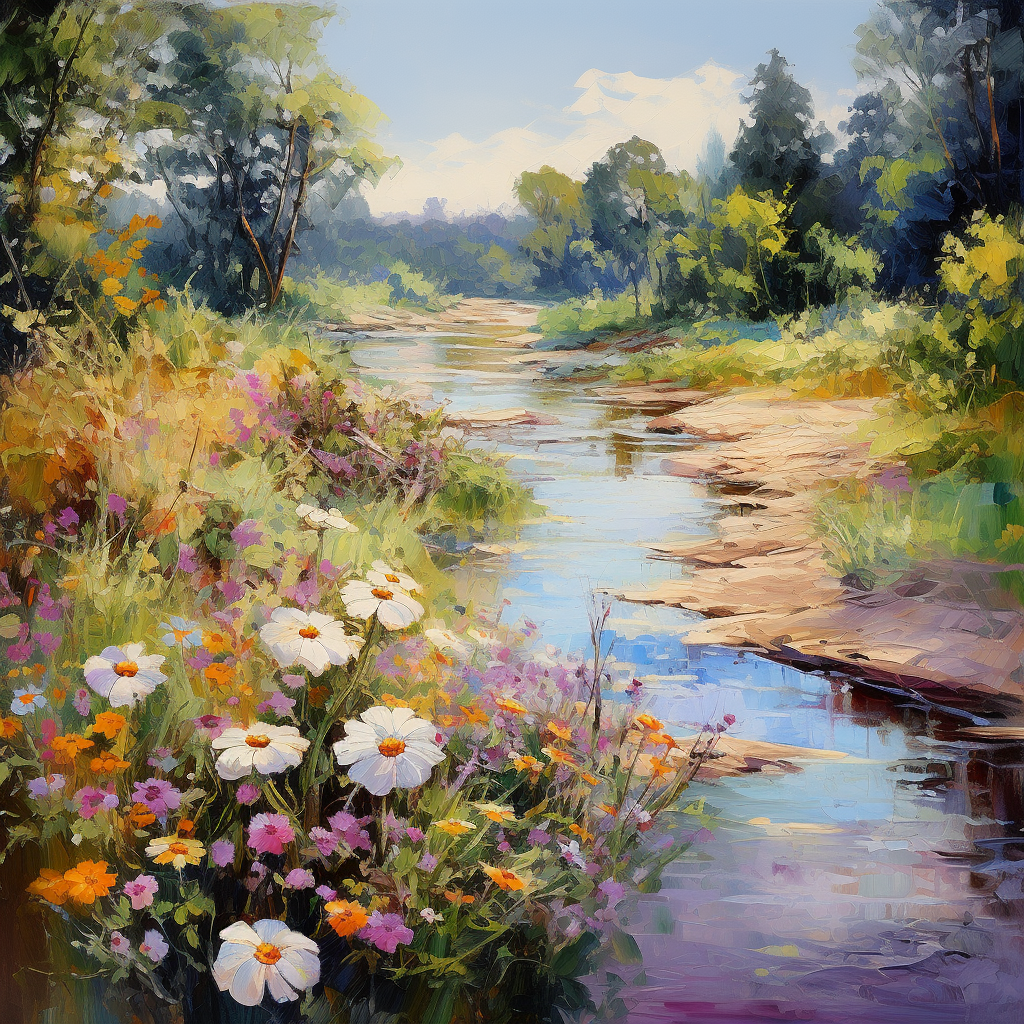 Impressionist flowers on river bank with trees