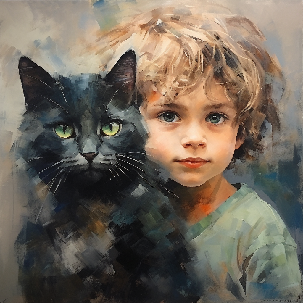 Portrait of a 5-Year-Old Boy with Dark Grey Cat