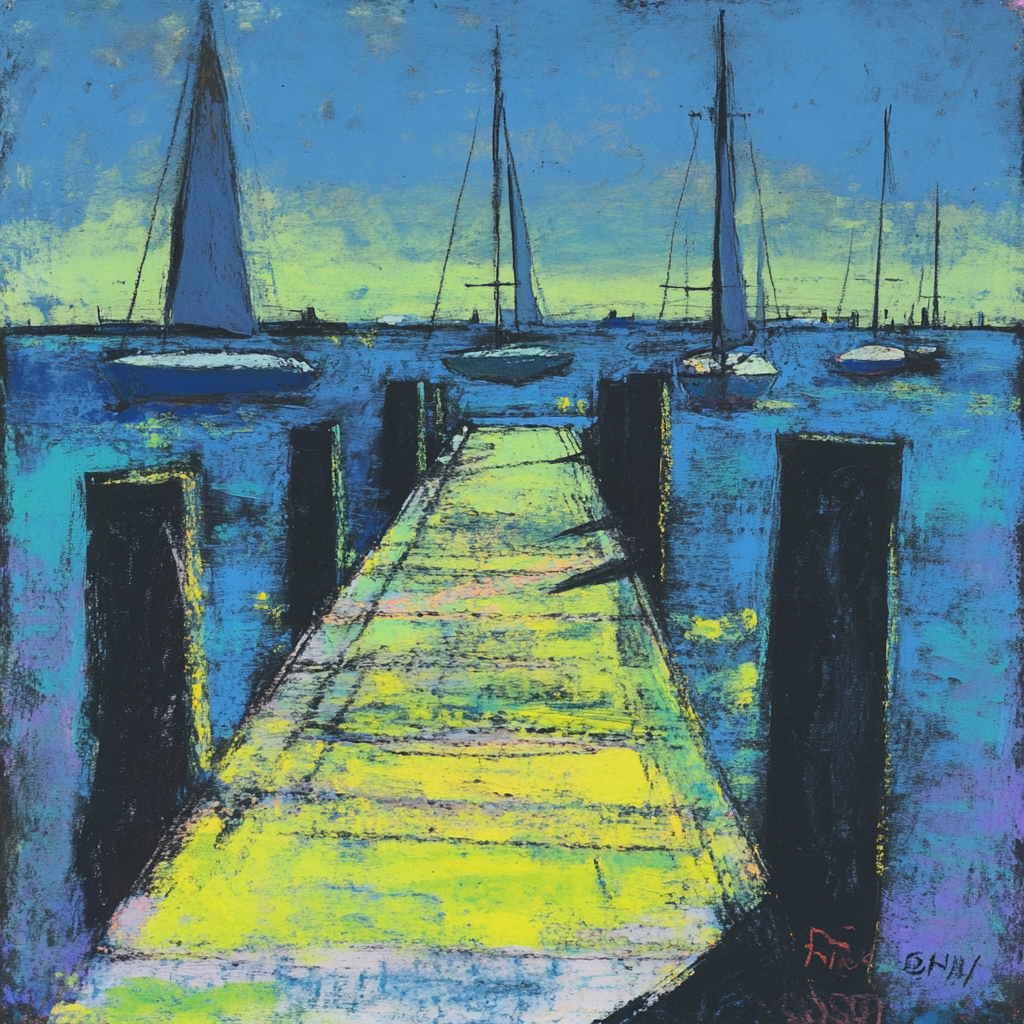 Impressionist painting of pier boats