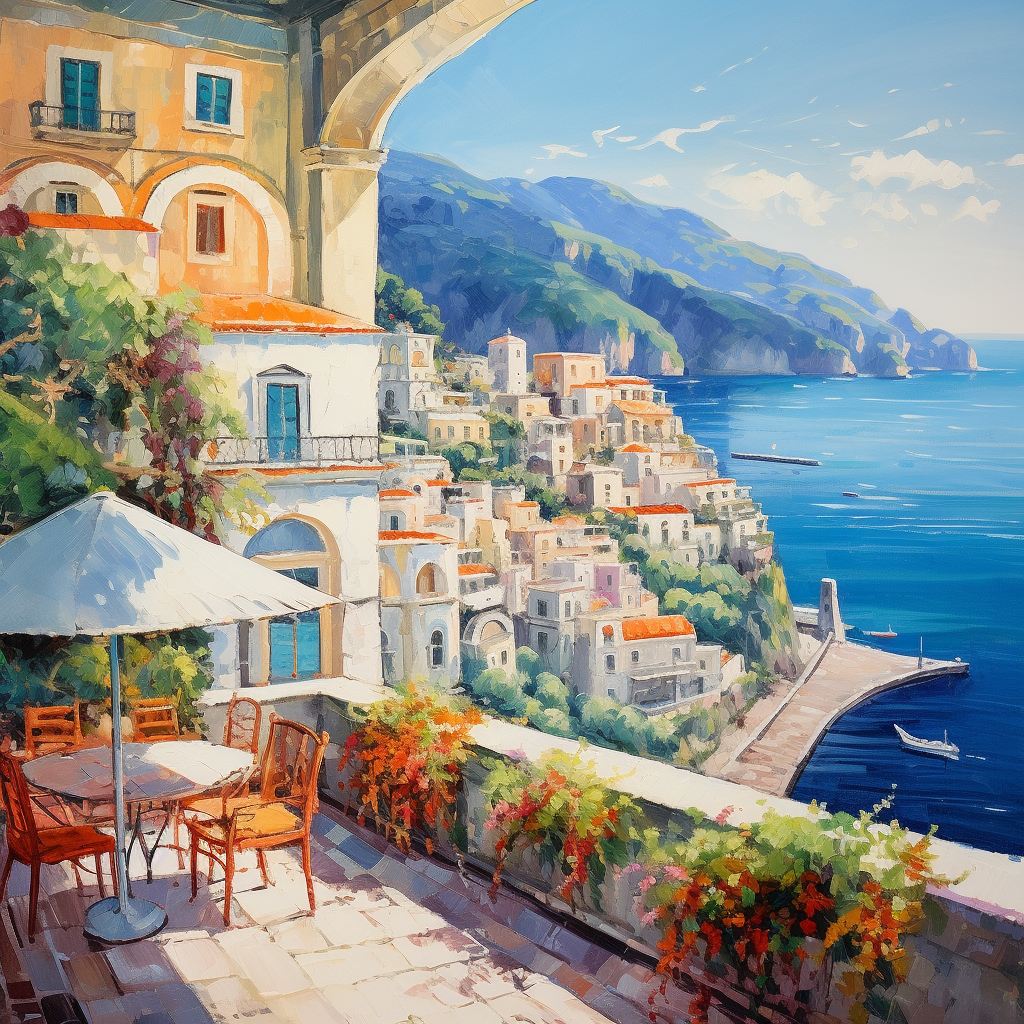 Impressionistic artwork of Amalfi Coast village and sea