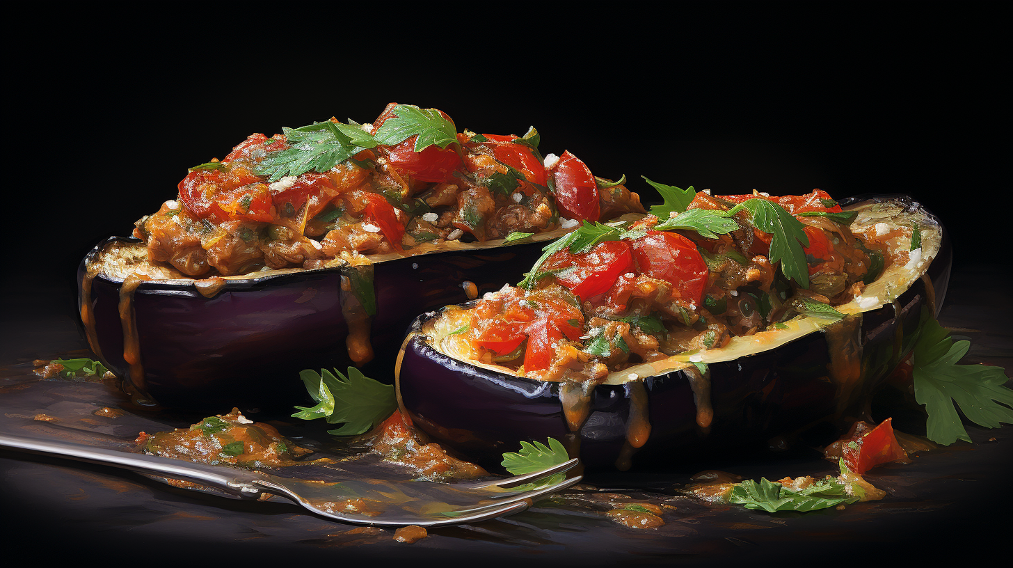 Eggplant stuffed with meat and tomato slices