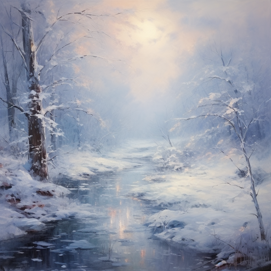 Impressionistic snowy scene with falling snow