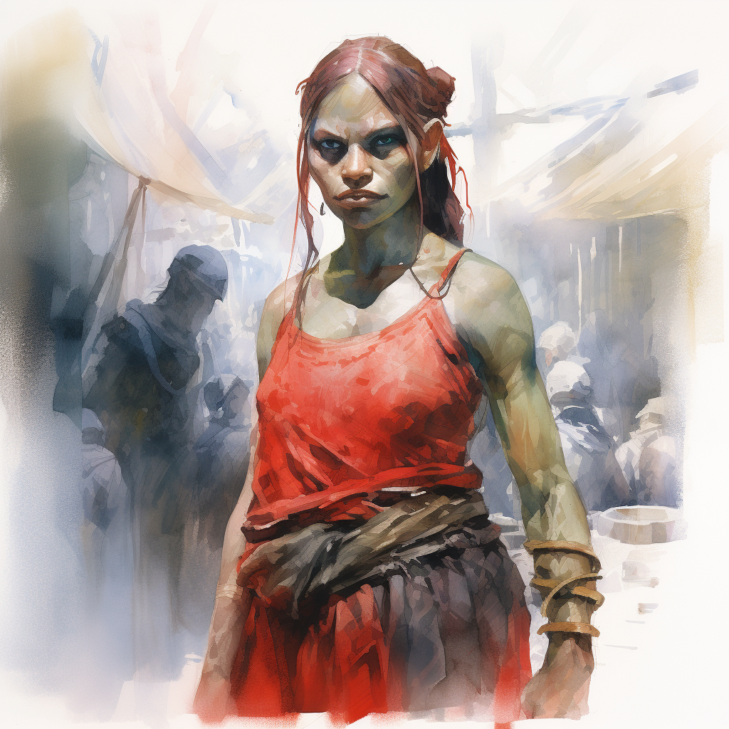 Vibrant watercolor painting of a red-skinned orc woman