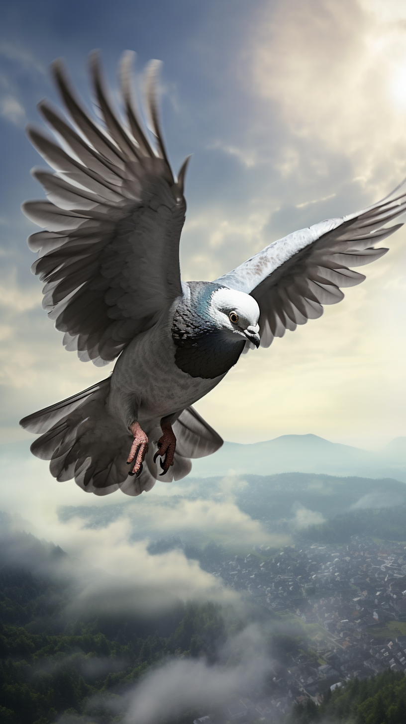 Carrier pigeon flying with impressive speed