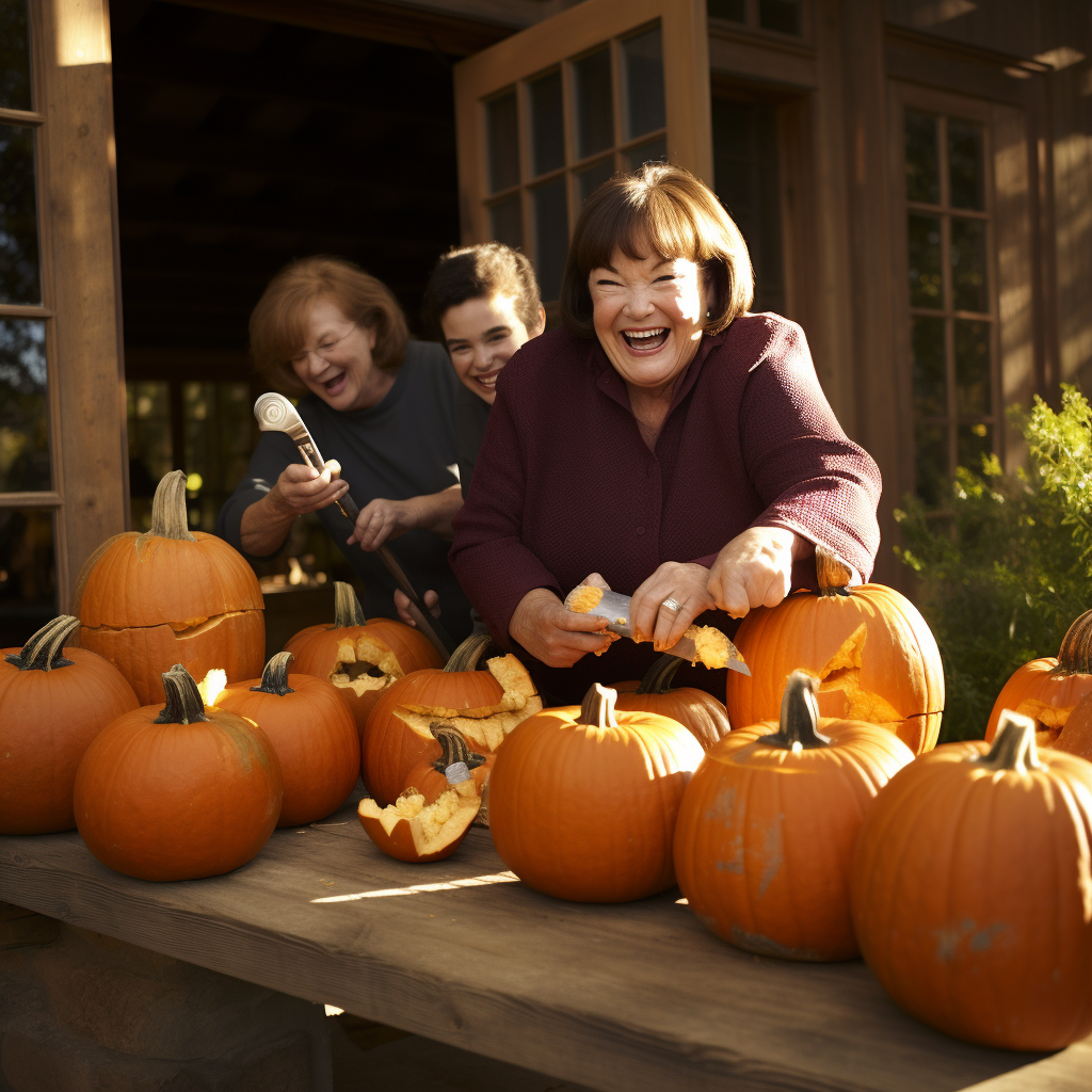 Ina Garten and friends carving pumpkins