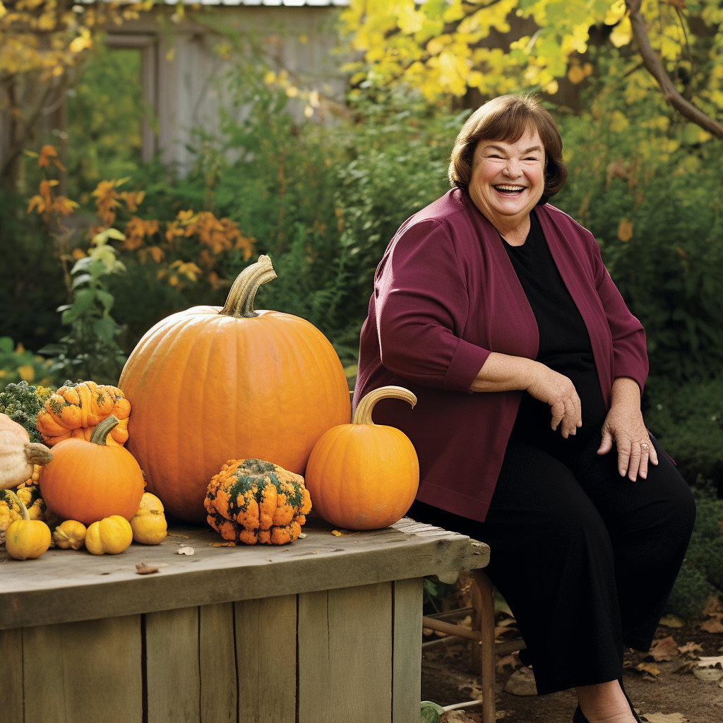 Ina Garten with giant pumpkin laughing