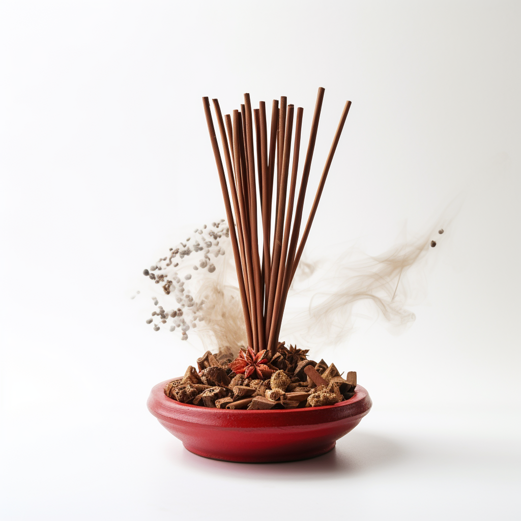 Incense sticks releasing aromatic smoke on white background