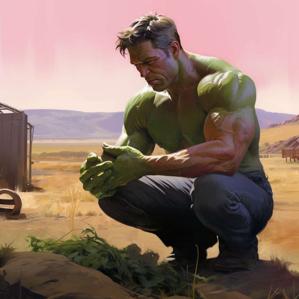 Hulk petting pink pig on ranch