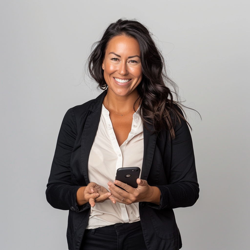 Confident woman with phone smiling