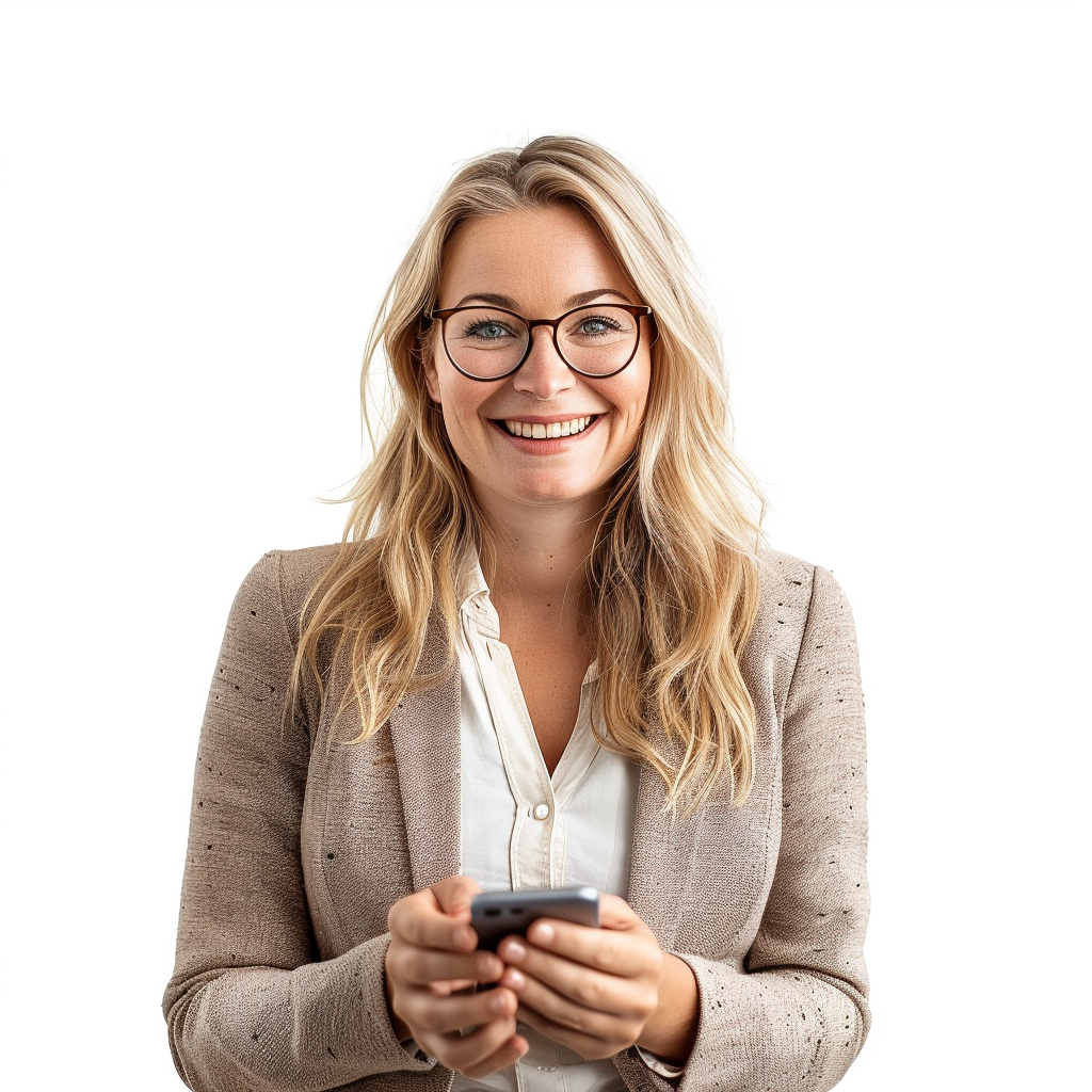 Confident woman holding phone smiling