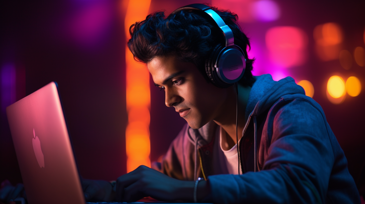 Young man using music laptop intensively