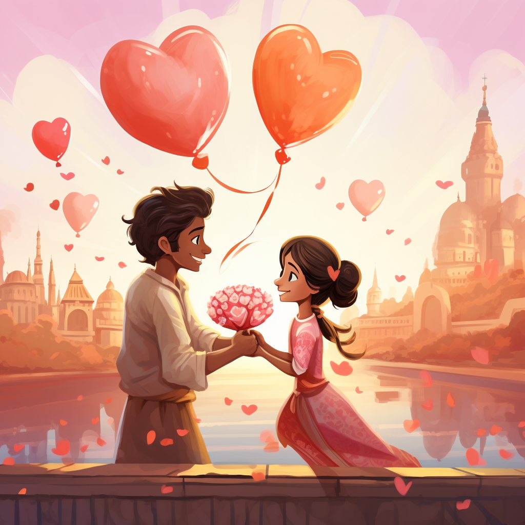 Indian boy giving flowers to girl with hearts and balloons