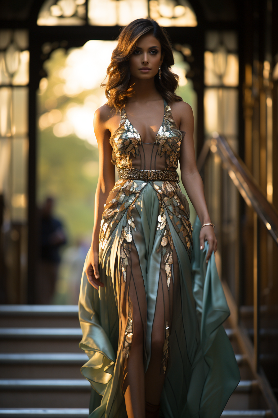 Elegant Indian model in Elie Saab evening gown