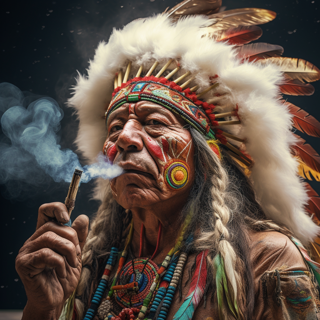 Indian chief enjoying tobacco bong