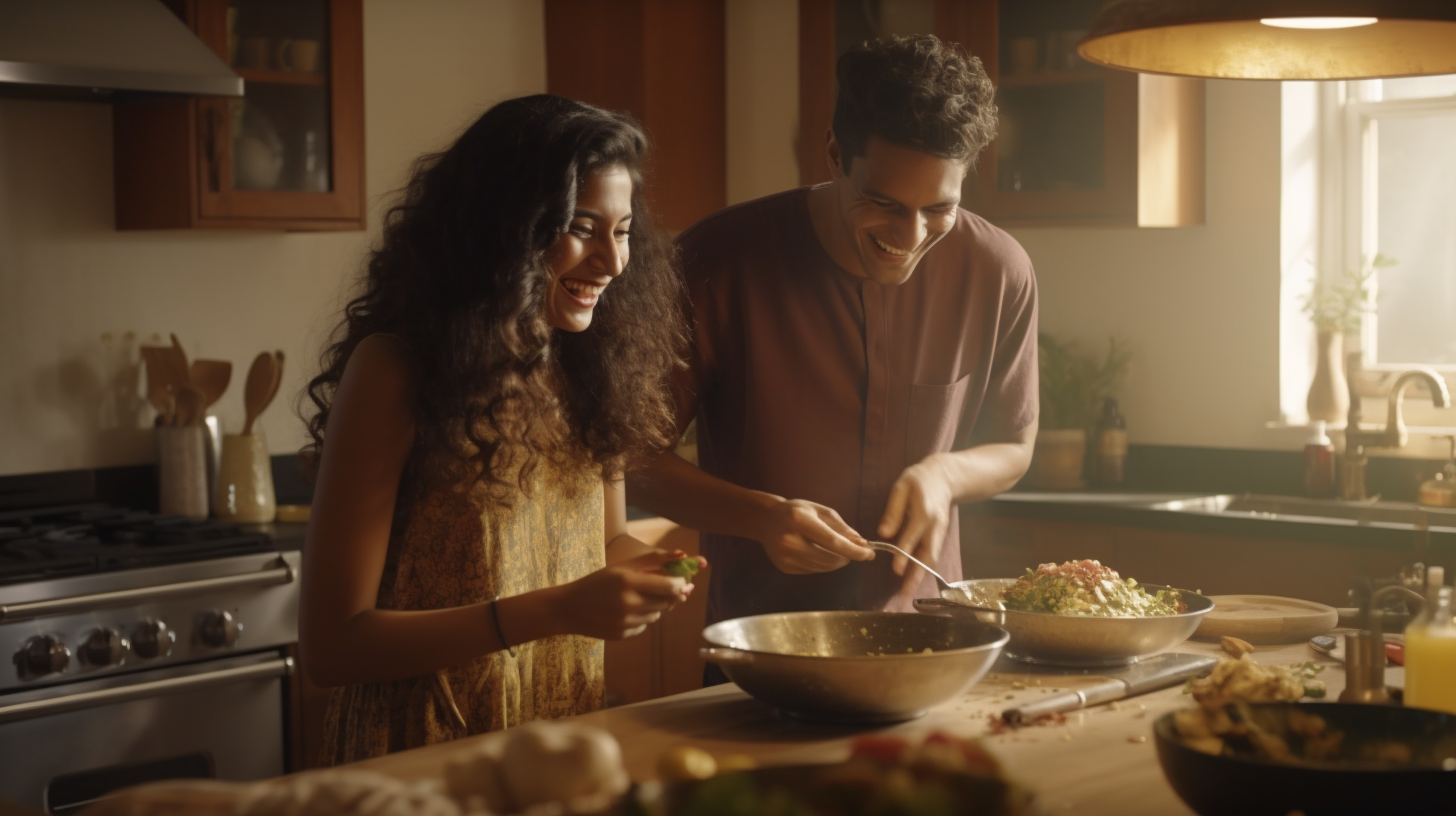 Indian brother and Mexican sister cooking dinner