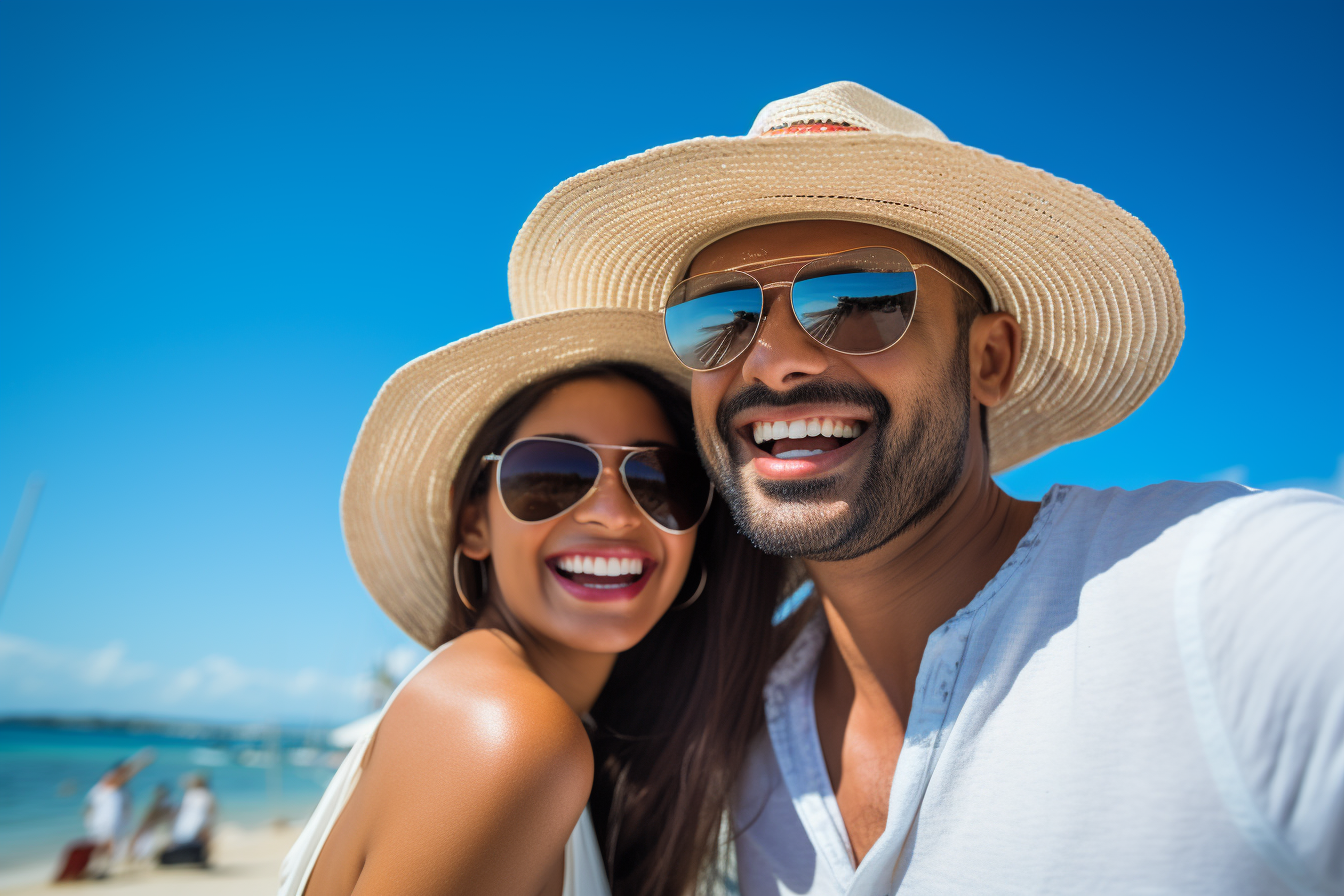 Indian couple beach sunglasses hat smiling