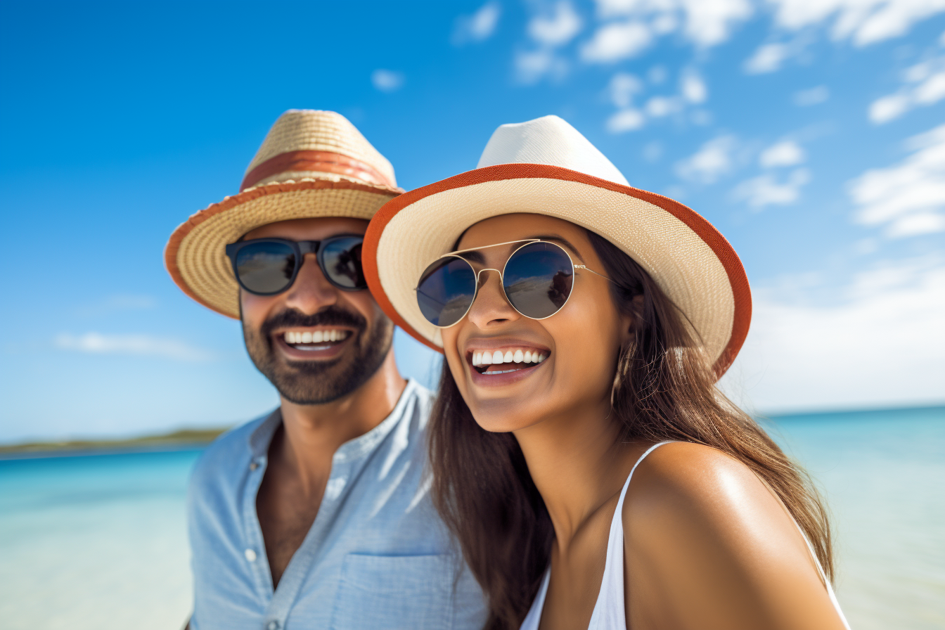 Smiling Indian couple on beach with sunglasses and hat