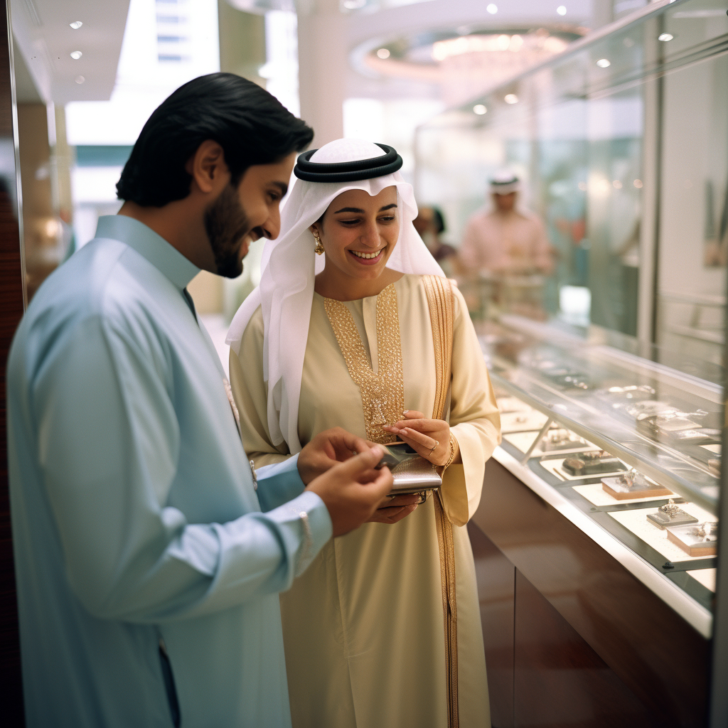 Indian couple shopping for jewelry in Dubai