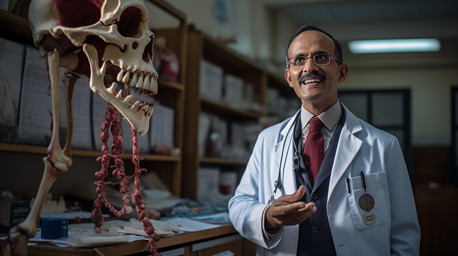 Indian doctor with life size teeth and gum in lab