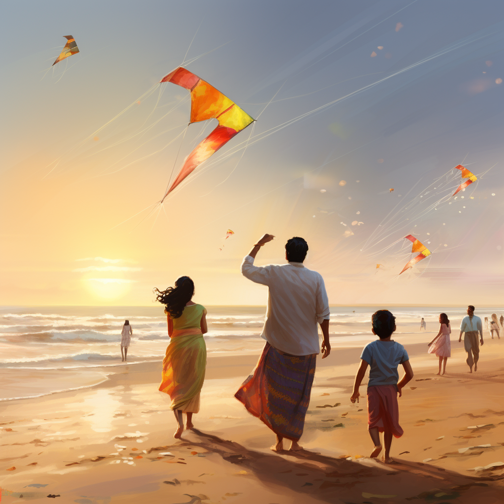 Indian family flying kites, Makar Sankranti celebration