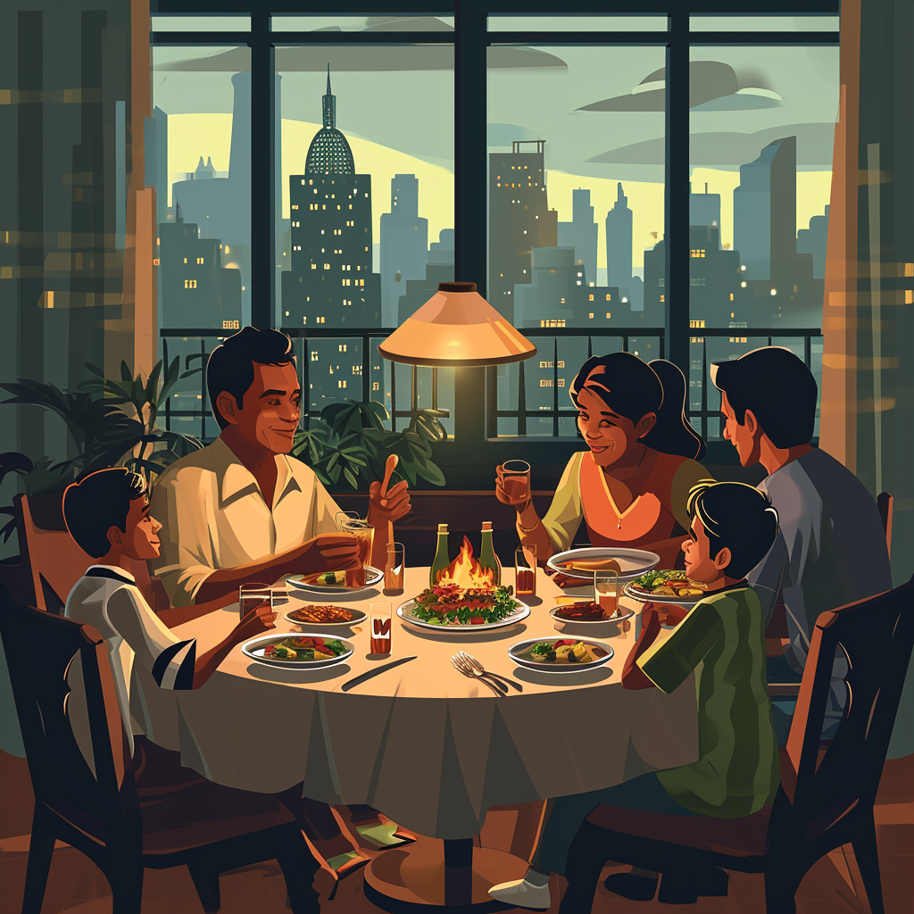 Indian family enjoying dinner in NYC