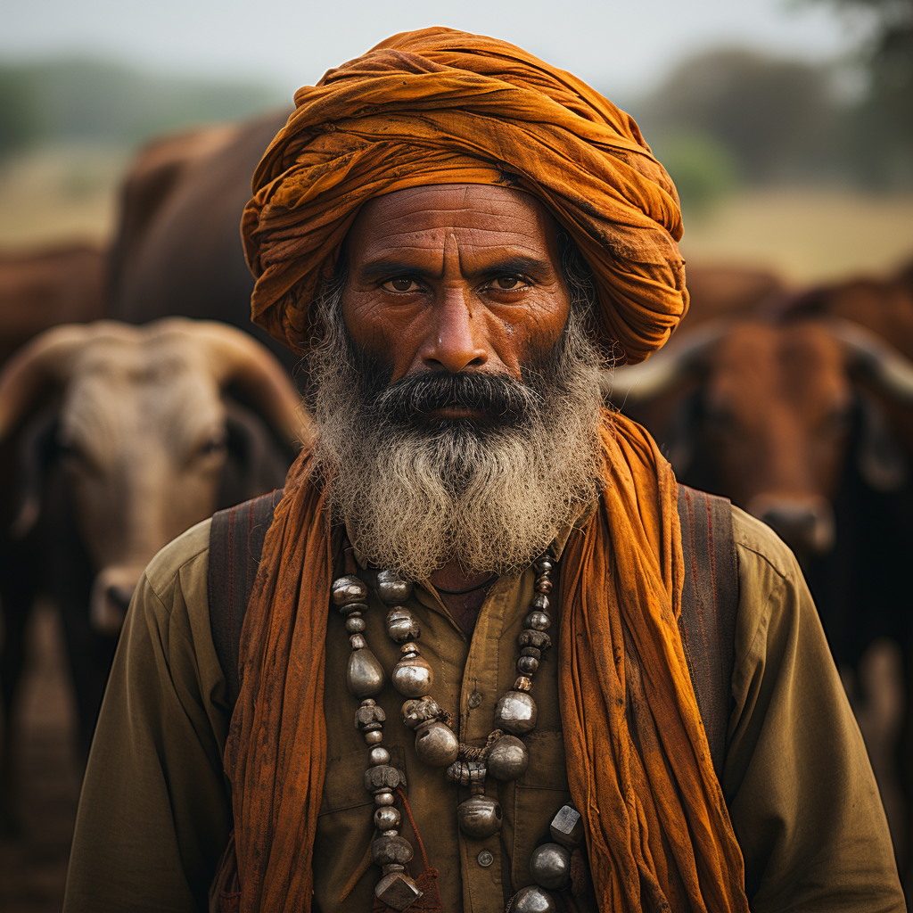 Indian farmer posing with bullock on farm